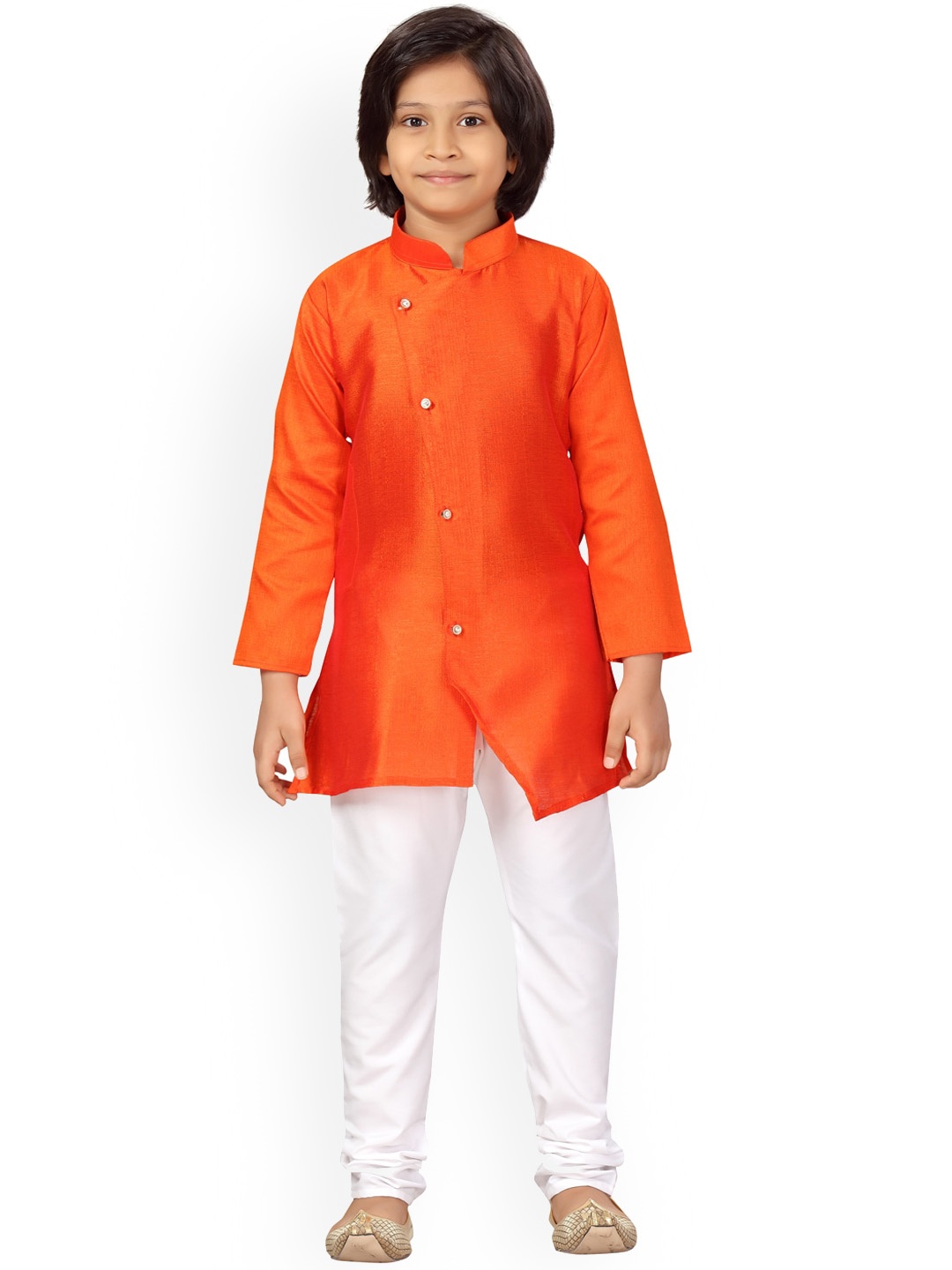 

BAESD Boys Band Collar Pure Silk Kurta with Pyjamas, Orange