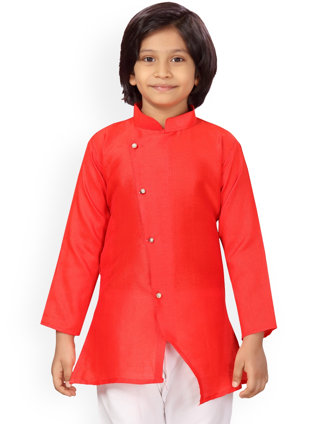 

BAESD Boys Mandarin Collar Pure Silk Angrakha Kurta & Pyjamas, Red