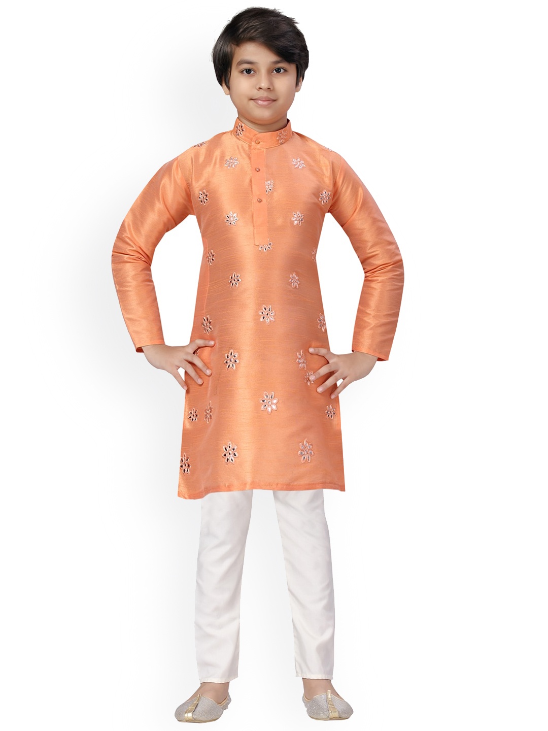 

BAESD Boys Floral Embroidered Regular Pure Cotton Kurta With Trouser, Peach