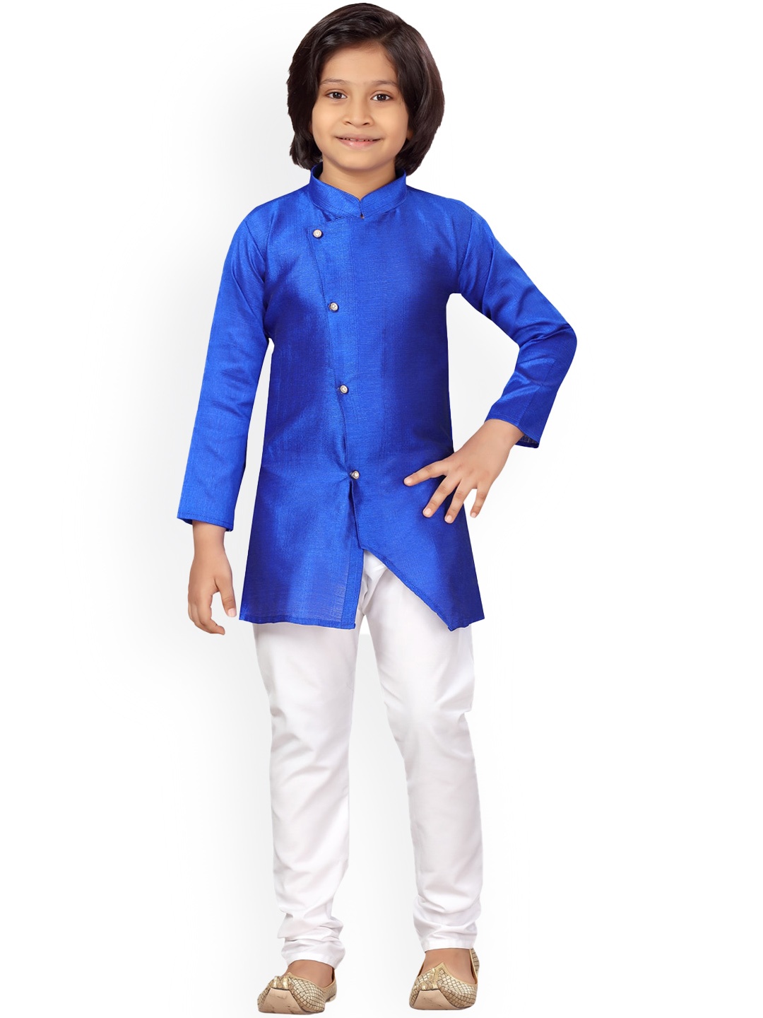 

BAESD Boys Mandarin Collar Pure Silk Angrakha Kurta & Pyjamas, Blue