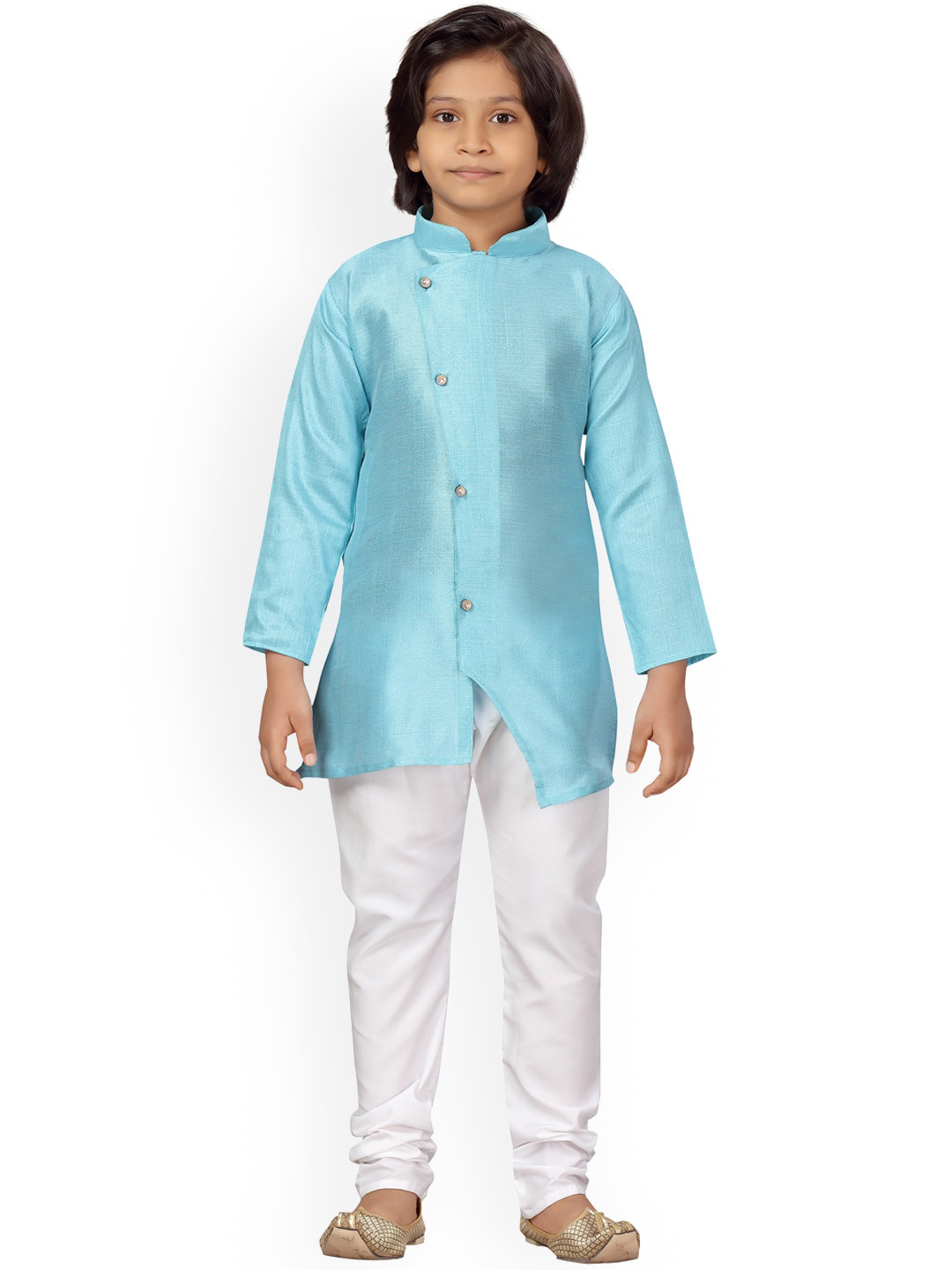 

BAESD Boys Mandarin Collar Pure Silk Kurta with Pyjamas, Turquoise blue