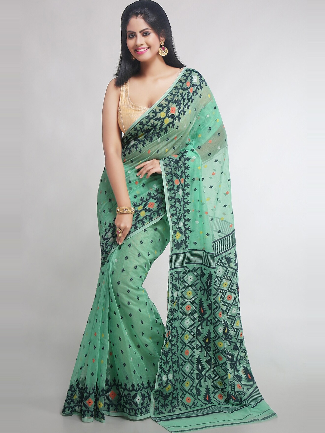 

WoodenTant Woven Design Silk Cotton Jamdani Saree, Sea green
