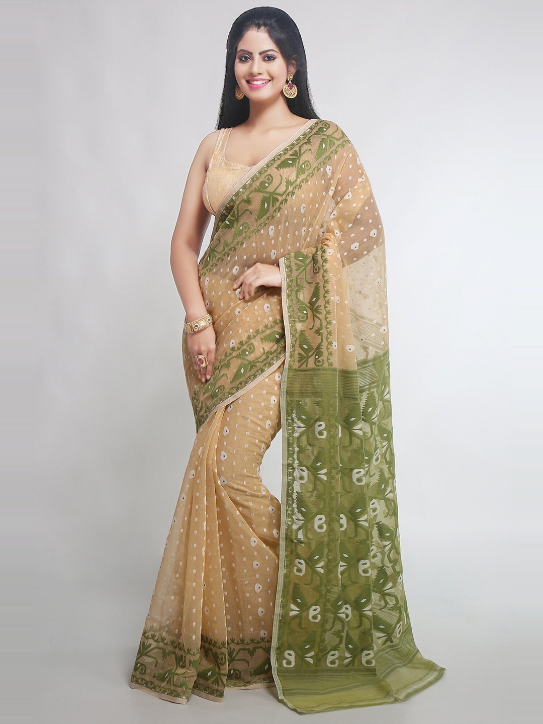 

WoodenTant Woven Design Silk Cotton Jamdani Saree, Beige