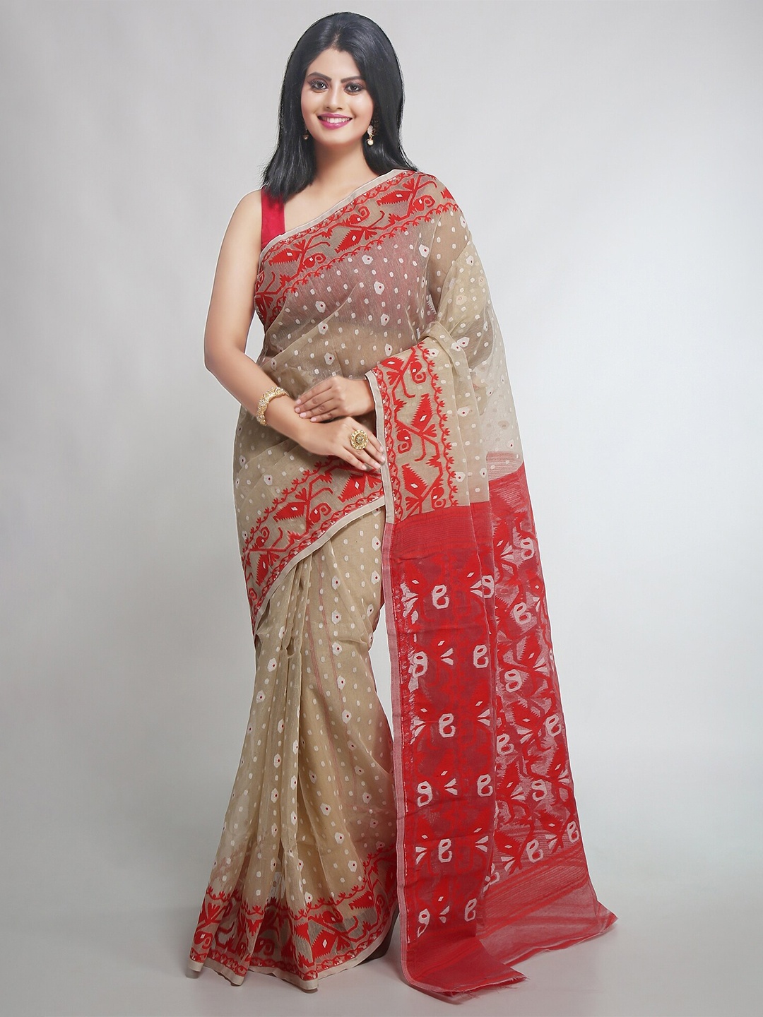 

WoodenTant Ethnic Motifs Silk Cotton Jamdani Saree, Beige