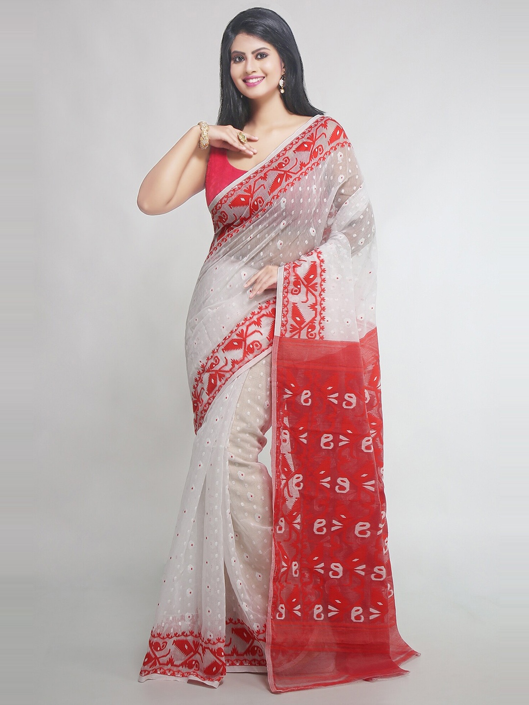 

WoodenTant Ethnic Motifs Woven Design Silk Cotton Jamdani Saree, White