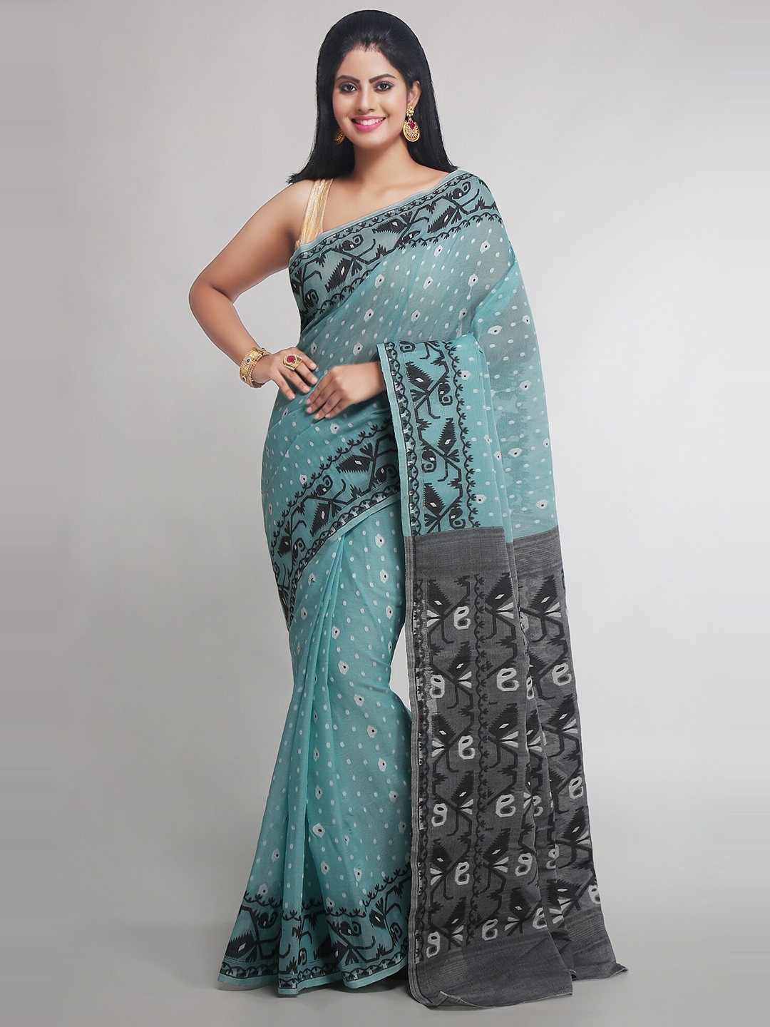 

WoodenTant Ethnic Motif Woven Design Silk Cotton Jamdani Saree, Blue