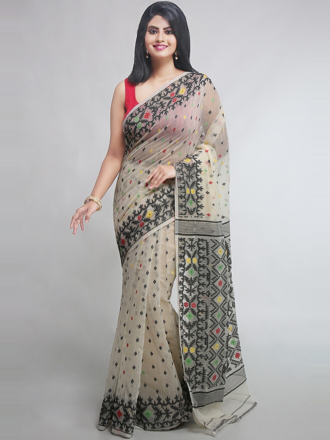 

WoodenTant Ethnic Motifs Silk Cotton Jamdani Saree, Off white