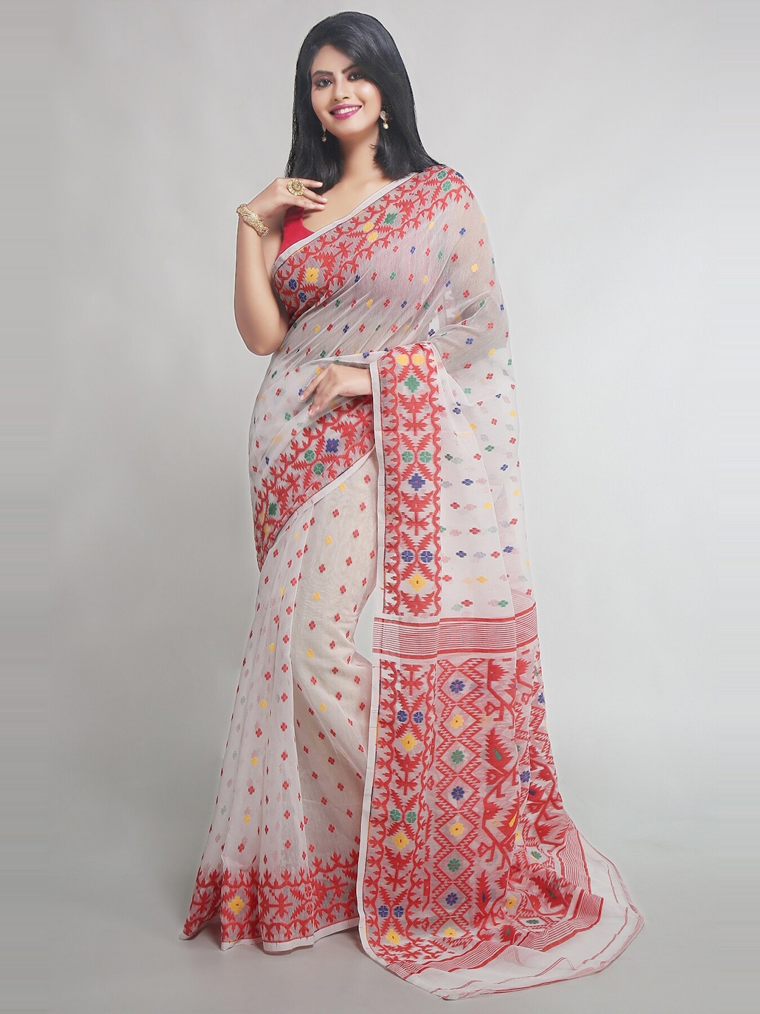 

WoodenTant Ethnic Motif Woven Design Silk Cotton Jamdani Saree, White
