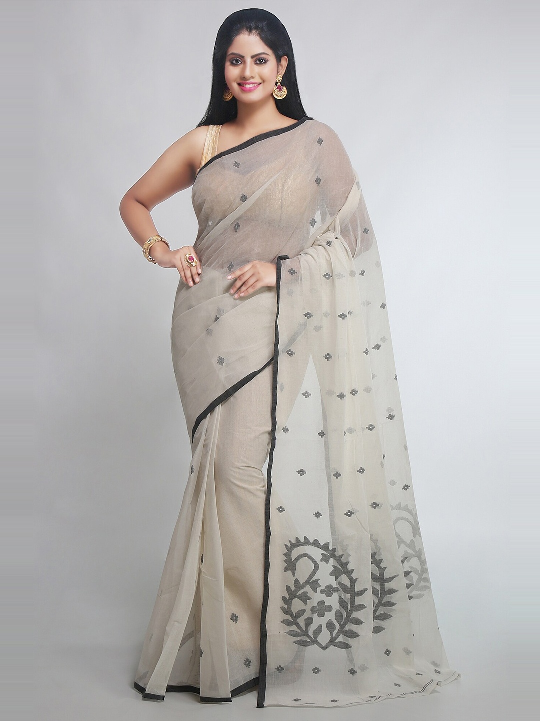 

WoodenTant Ethnic Motif Woven Design Pure Cotton Jamdani Saree with Starch, Grey