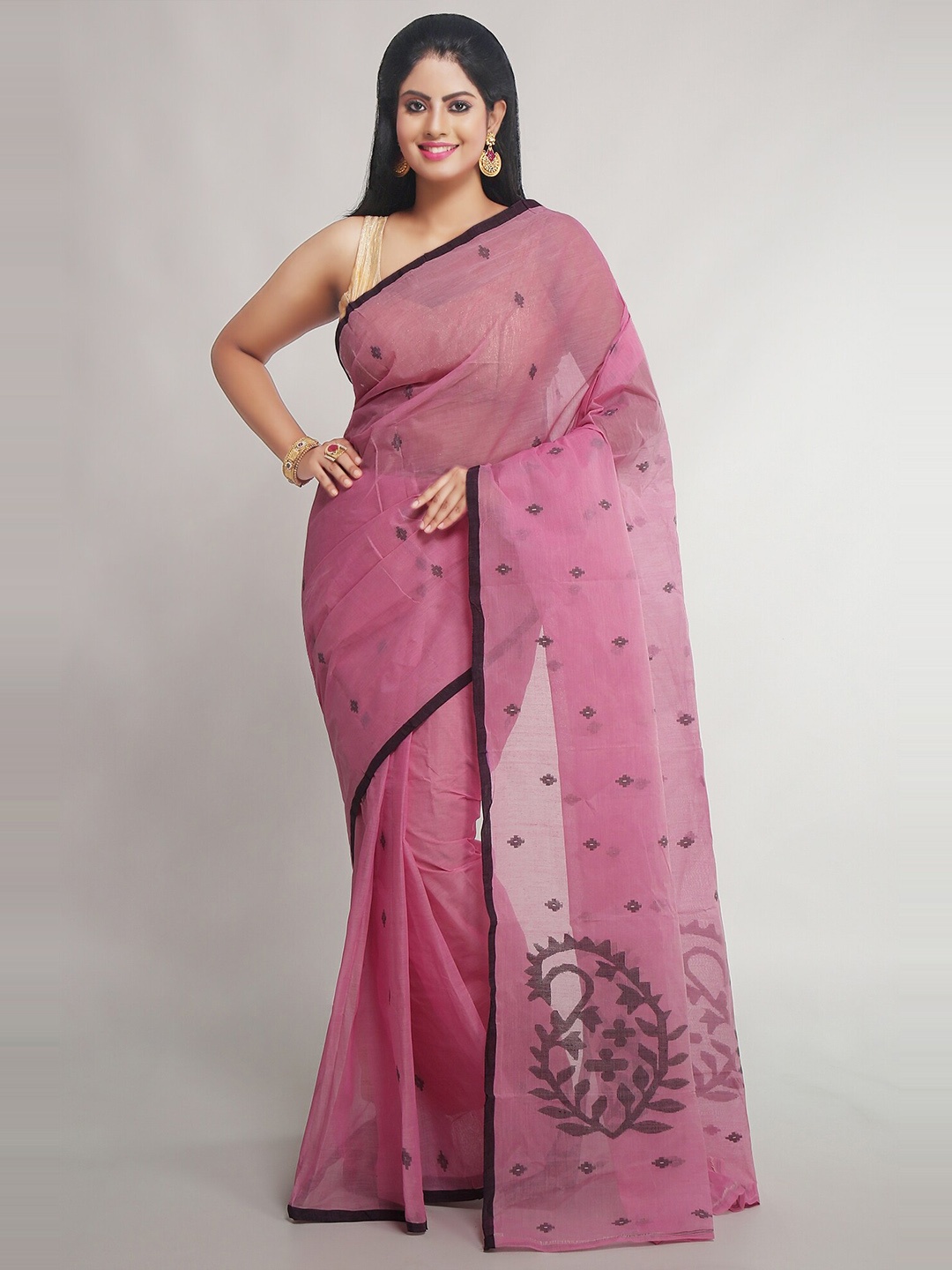 

WoodenTant Woven Design Pure Cotton Jamdani Saree with Starch, Pink
