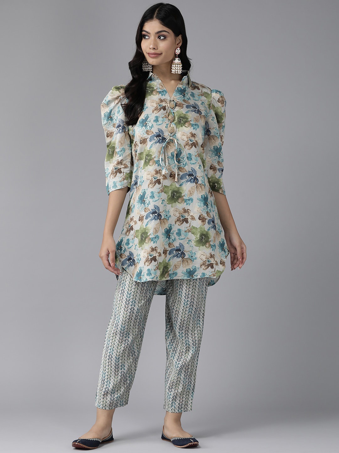 

BAESD Floral Printed Pure Cotton Kurti With Trousers, White