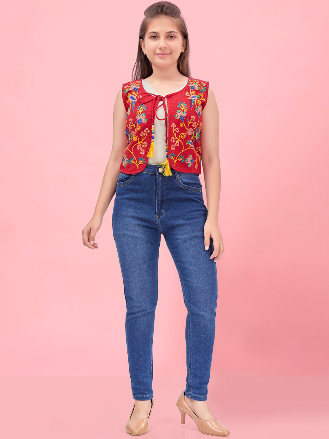 

BAESD Girls Floral Embroidered Collarless Lightweight Cotton Crop Sporty Jacket, Red