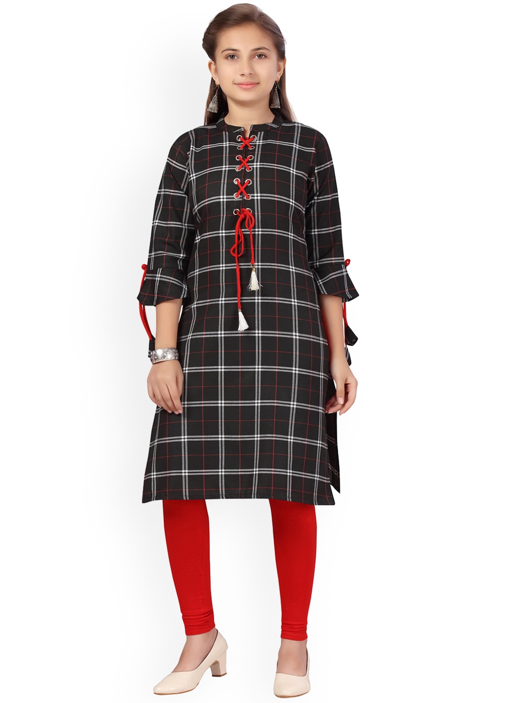 

BAESD Girls Checked Regular Pure Cotton Straight Kurta With Leggings, Black