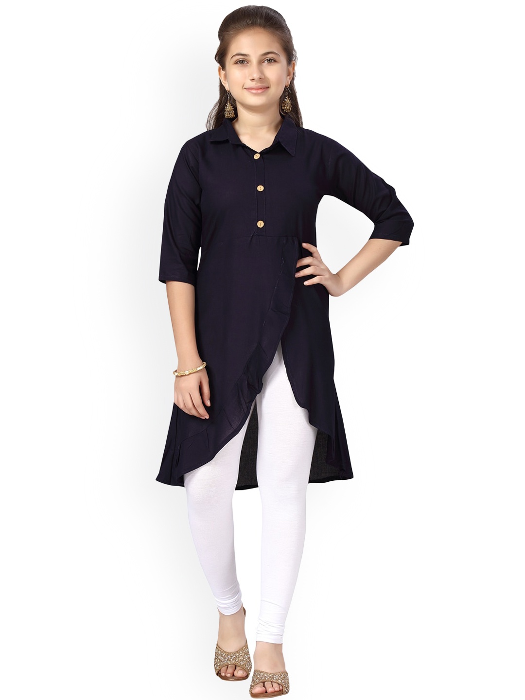 

BAESD Girls Asymmetric Regular Pure Cotton A-Line Kurta With Leggings, Navy blue