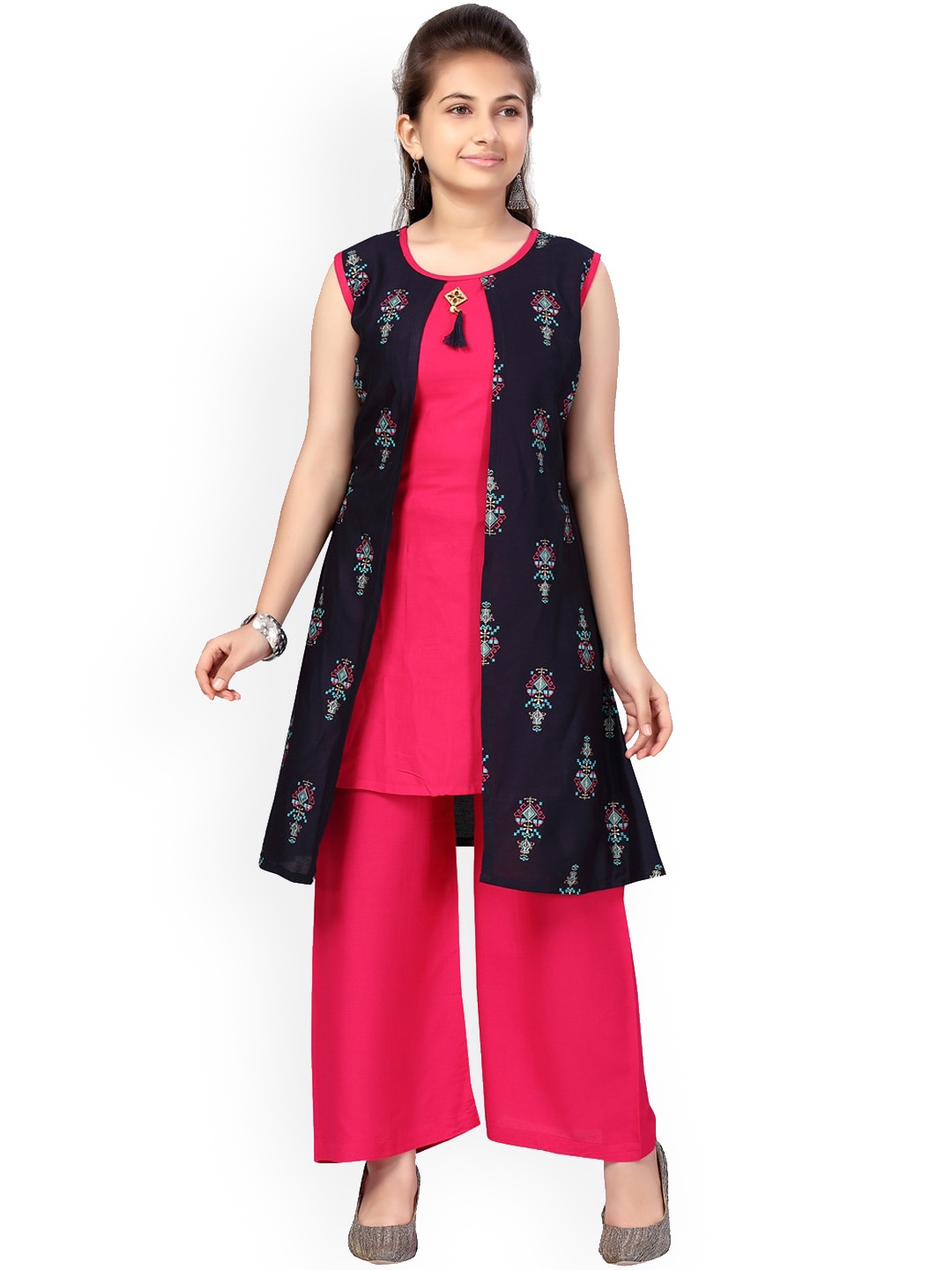 

BAESD Girls Ethnic Motifs Printed Regular Pure Cotton Kurta With Palazzos, Navy blue