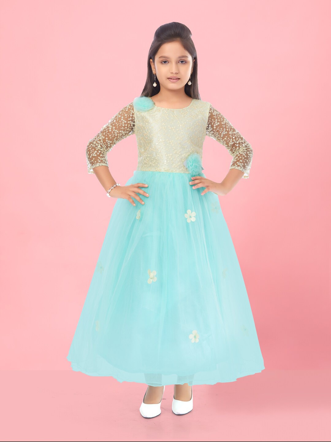 

BAESD Girls Floral Embroidered Corsage Net Fit & Flare Dress, Sea green