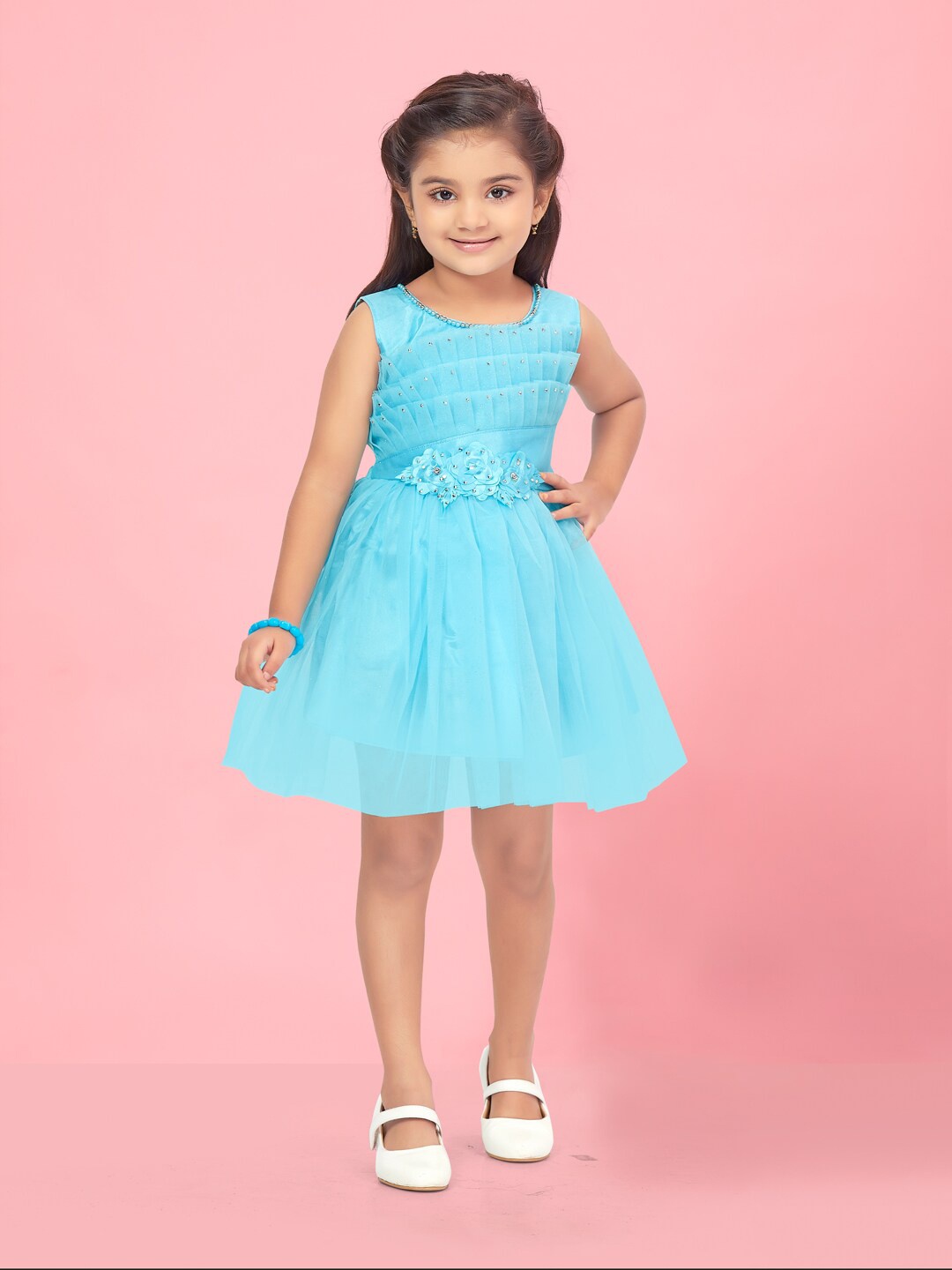 

BAESD Girls Embellished Corsage Net Fit & Flare Dress, Turquoise blue
