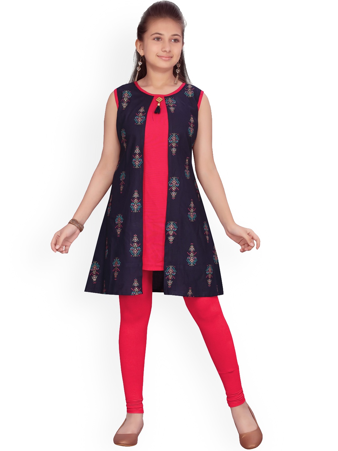 

BAESD Girls Ethnic Motifs Printed Pure Cotton A-Line Kurta With Legging, Navy blue