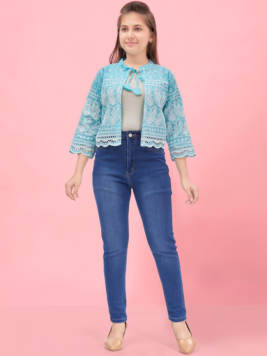 

BAESD Girls Floral Embroidered Lightweight Crop Cotton Front Open Shrug, Turquoise blue
