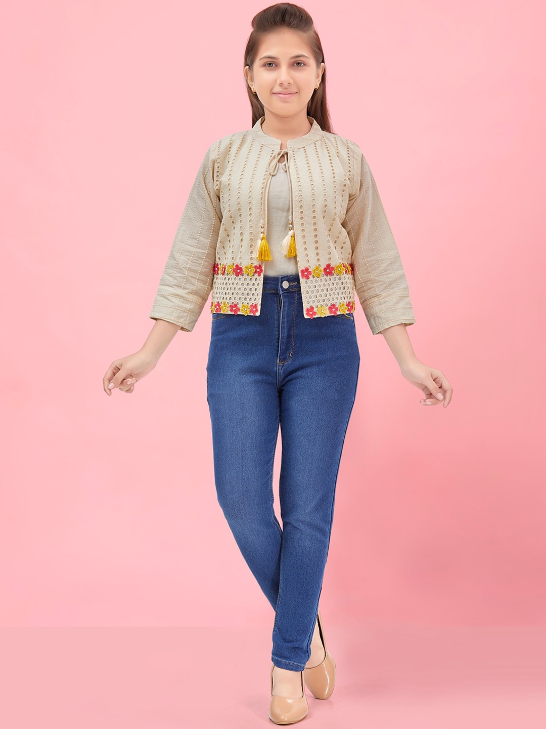 

BAESD Girls Floral Embroidered Lightweight Crop Cotton Taiored Jacket, Cream