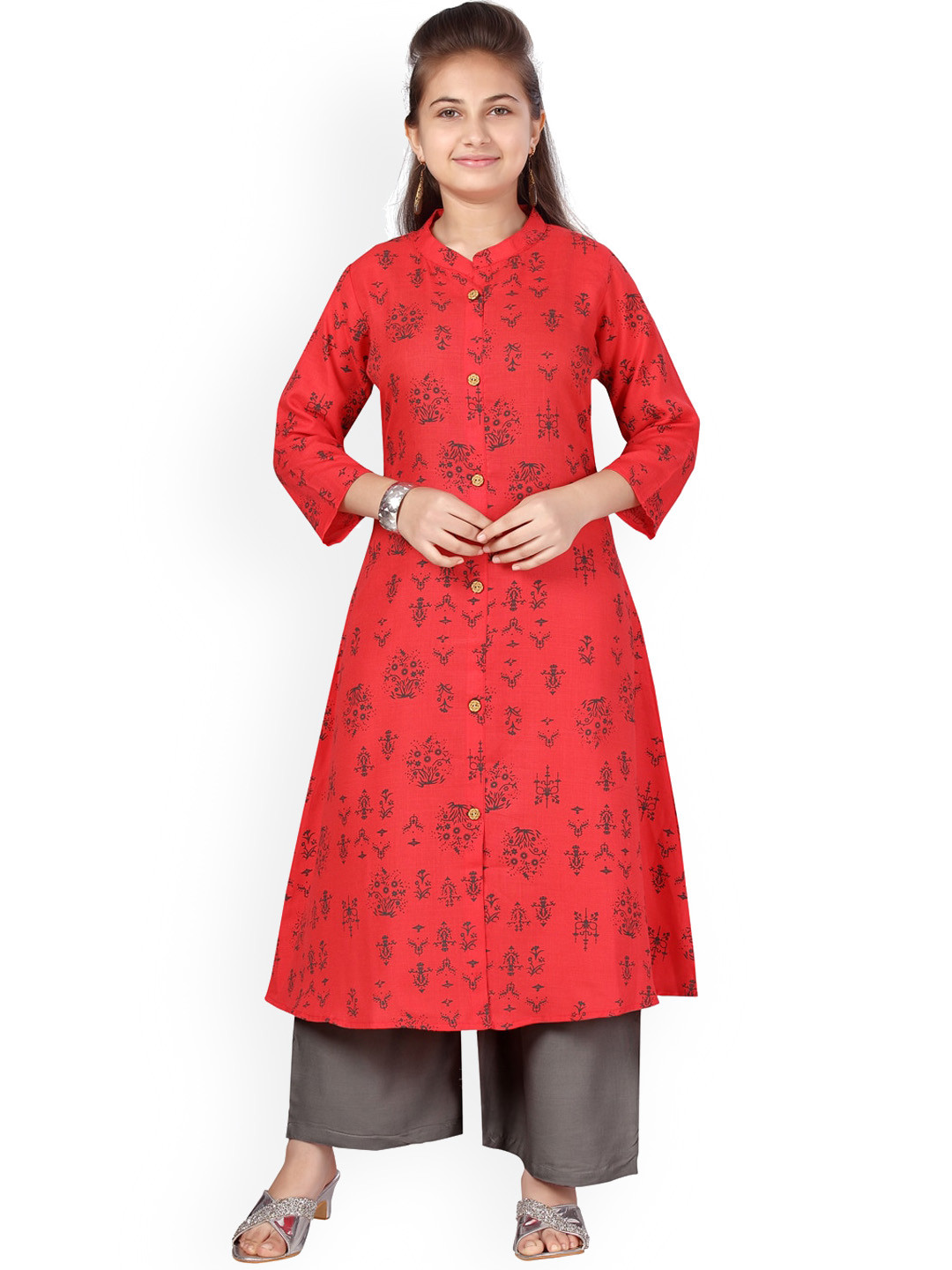 

BAESD Girls Ethnic Motifs Printed Straight Pure Cotton Kurta with Palazzos, Red