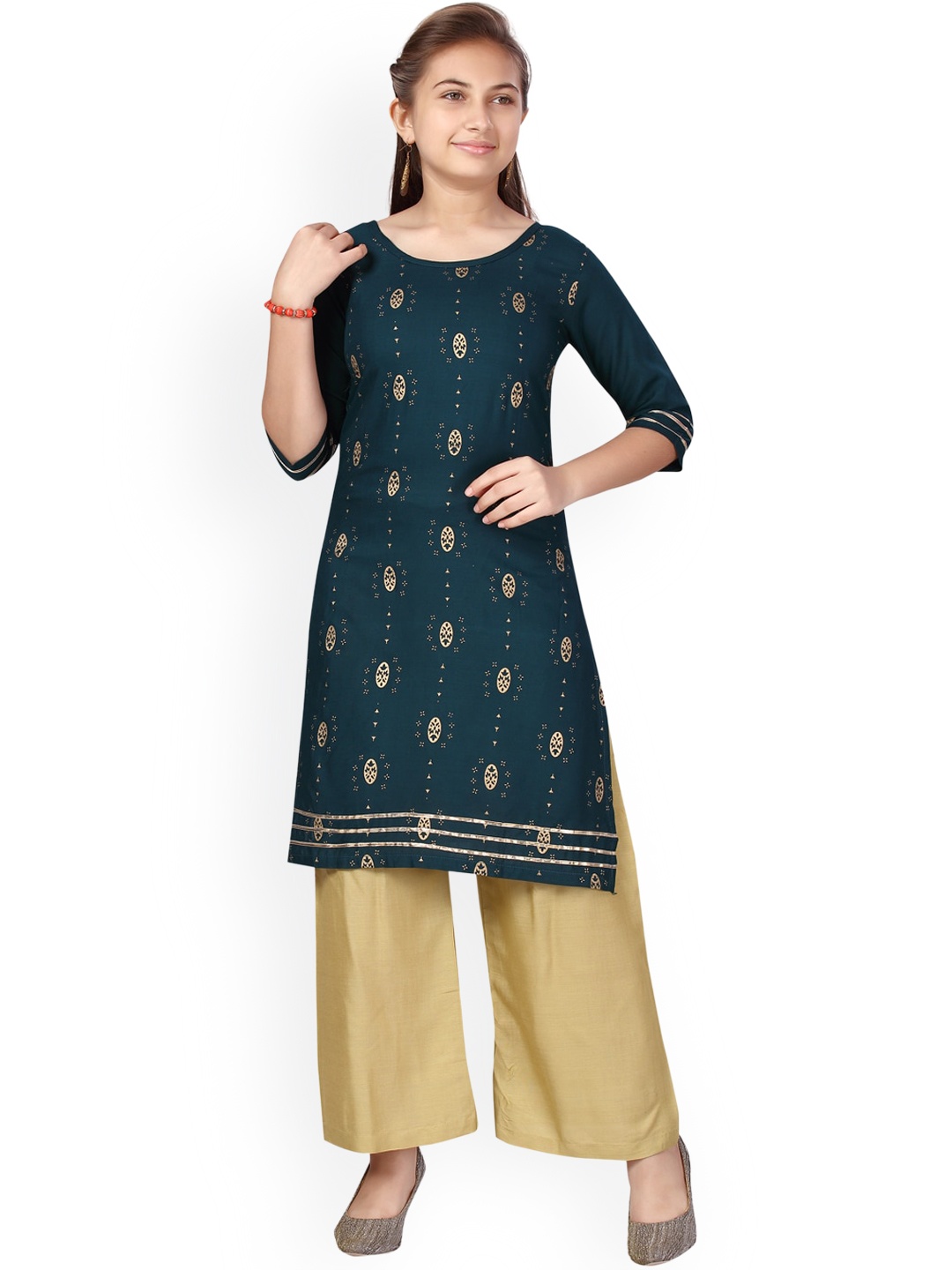 

BAESD Girls Green Ethnic Motifs Printed Regular Pure Cotton Kurta with Palazzos