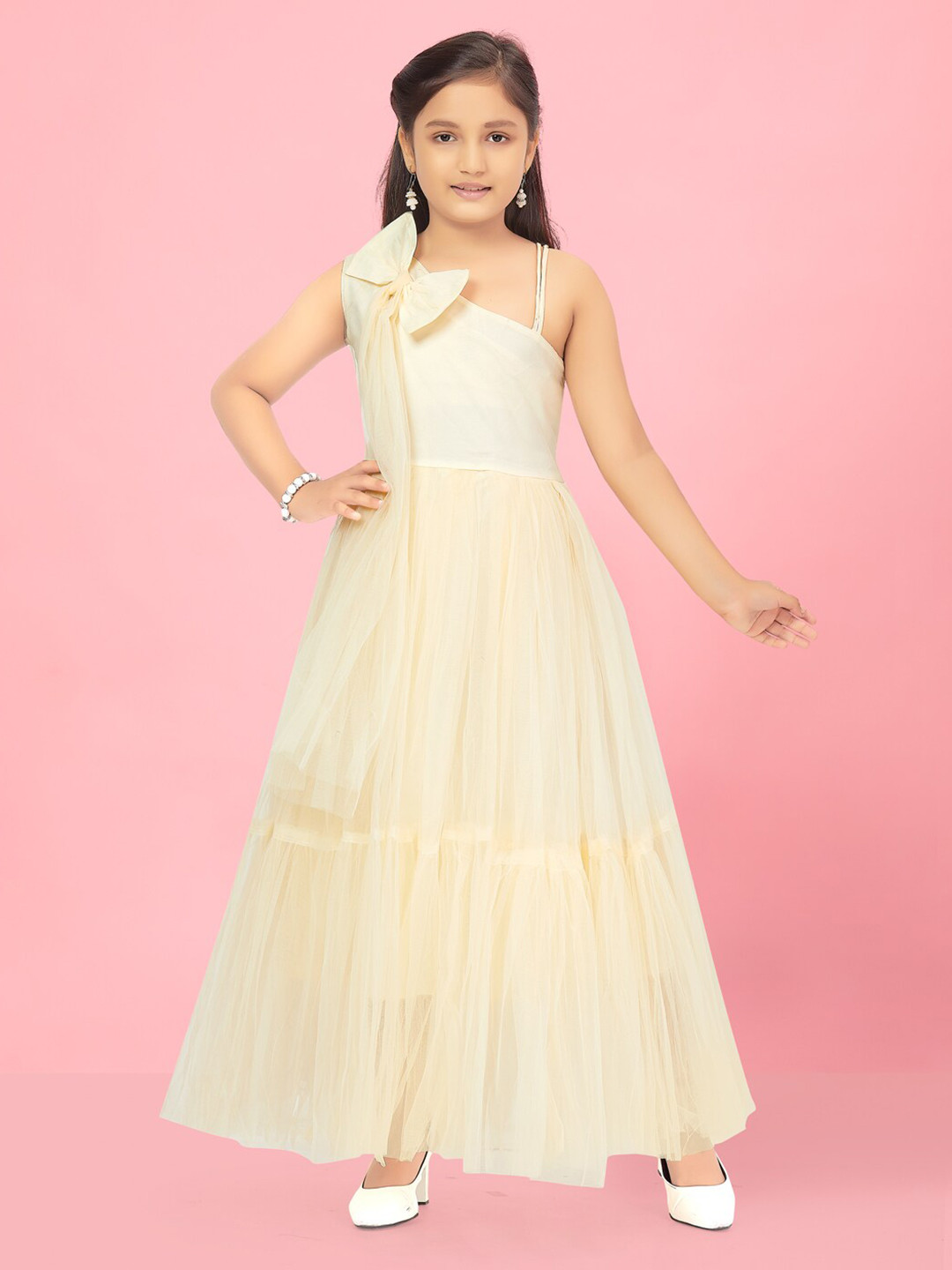 

BAESD Girls One Shoulder Bow Detail Tiered Maxi Gown, Beige