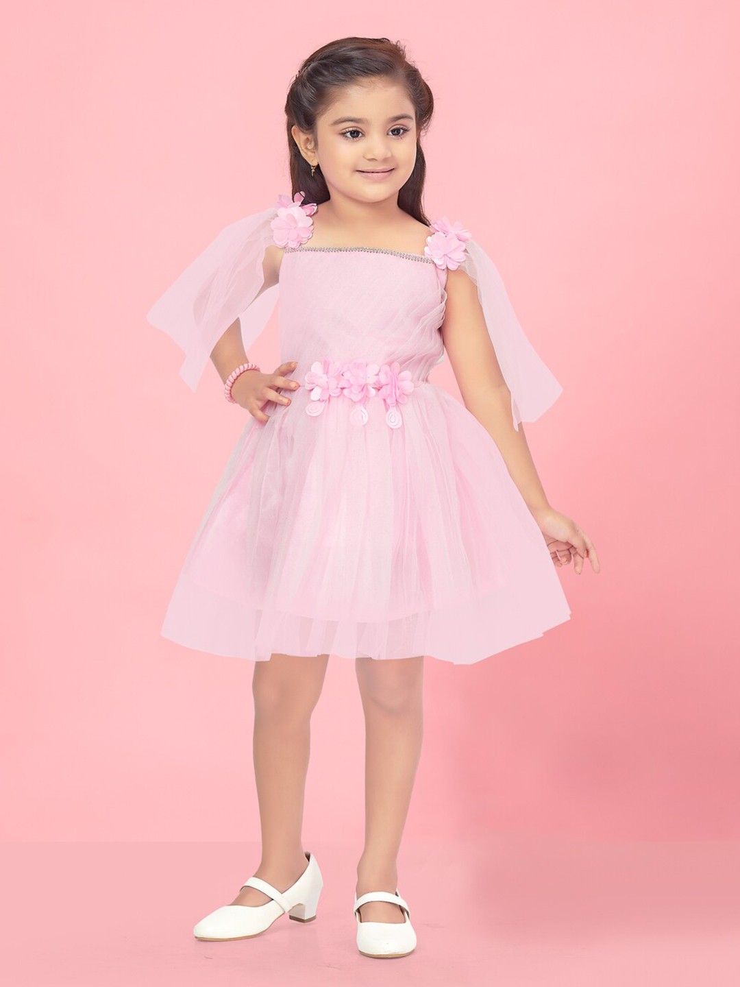 

BAESD Girls Embellished Pleated Flared Sleeve Fit & Flare Dress, Pink