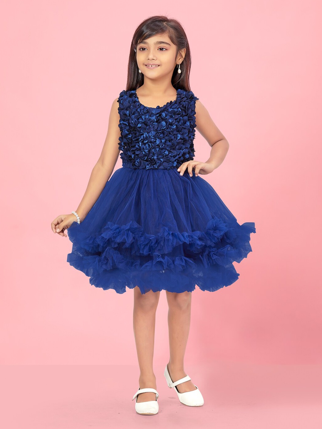 

BAESD Girls Self Design Ruffled Fit & Flare Dress, Navy blue
