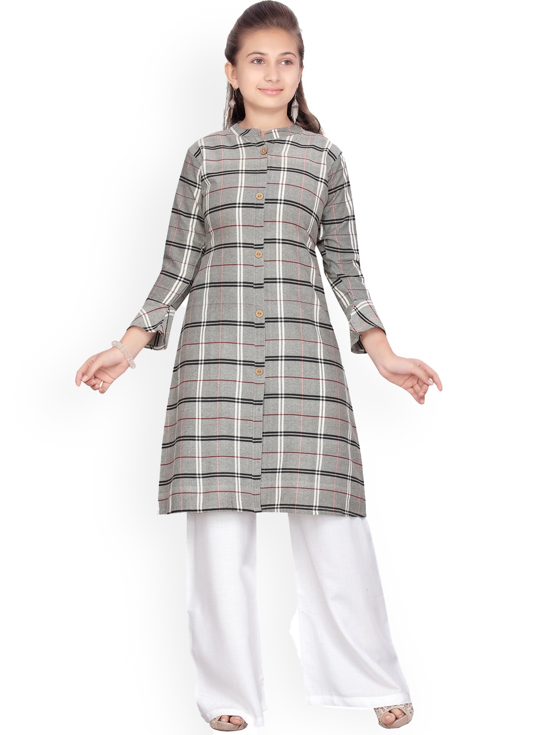 

BAESD Girls Checked Mandarin Collar Pure Cotton Straight Kurta With Palazzos, Grey