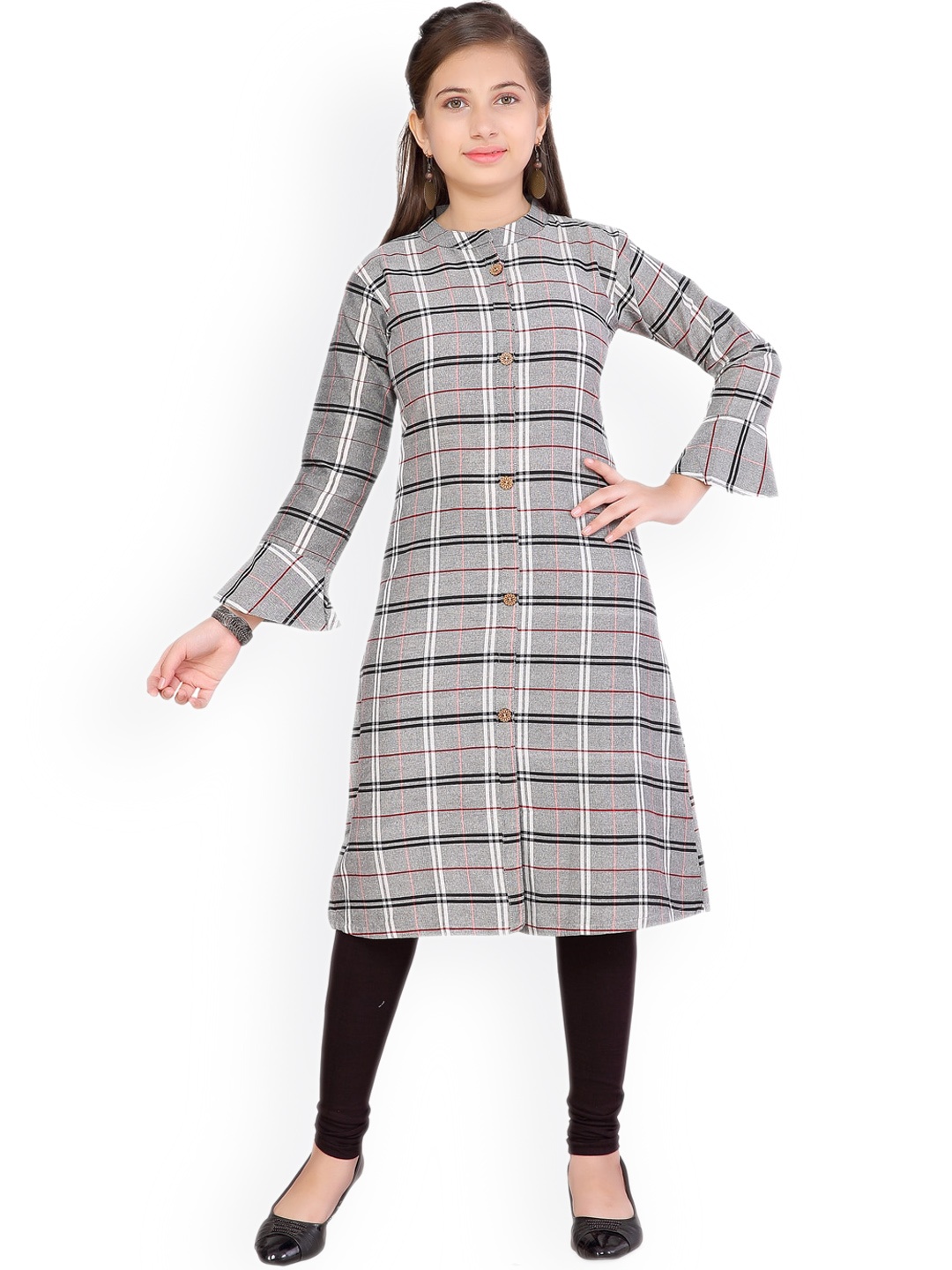 

BAESD Girls Checked Mandarin Collar Bell Sleeves Pure Cotton Straight Kurta With Leggings, Grey