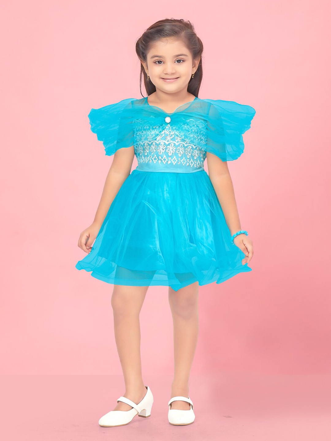 

BAESD Girls Self Design Flutter Sleeve Fit & Flare Dress, Turquoise blue