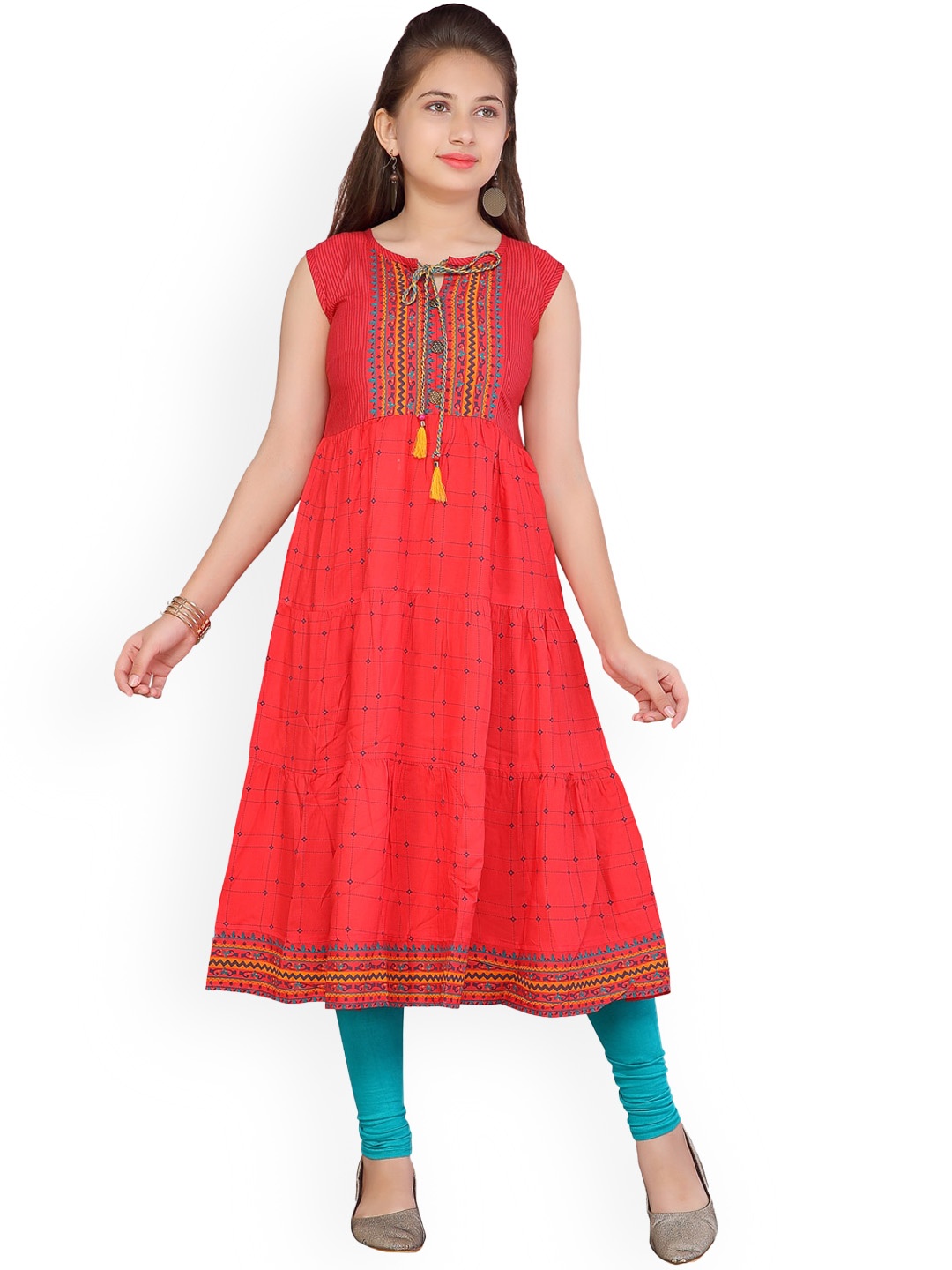 

BAESD Girls Red Ethnic Motifs Printed Empire Pure Cotton Kurta