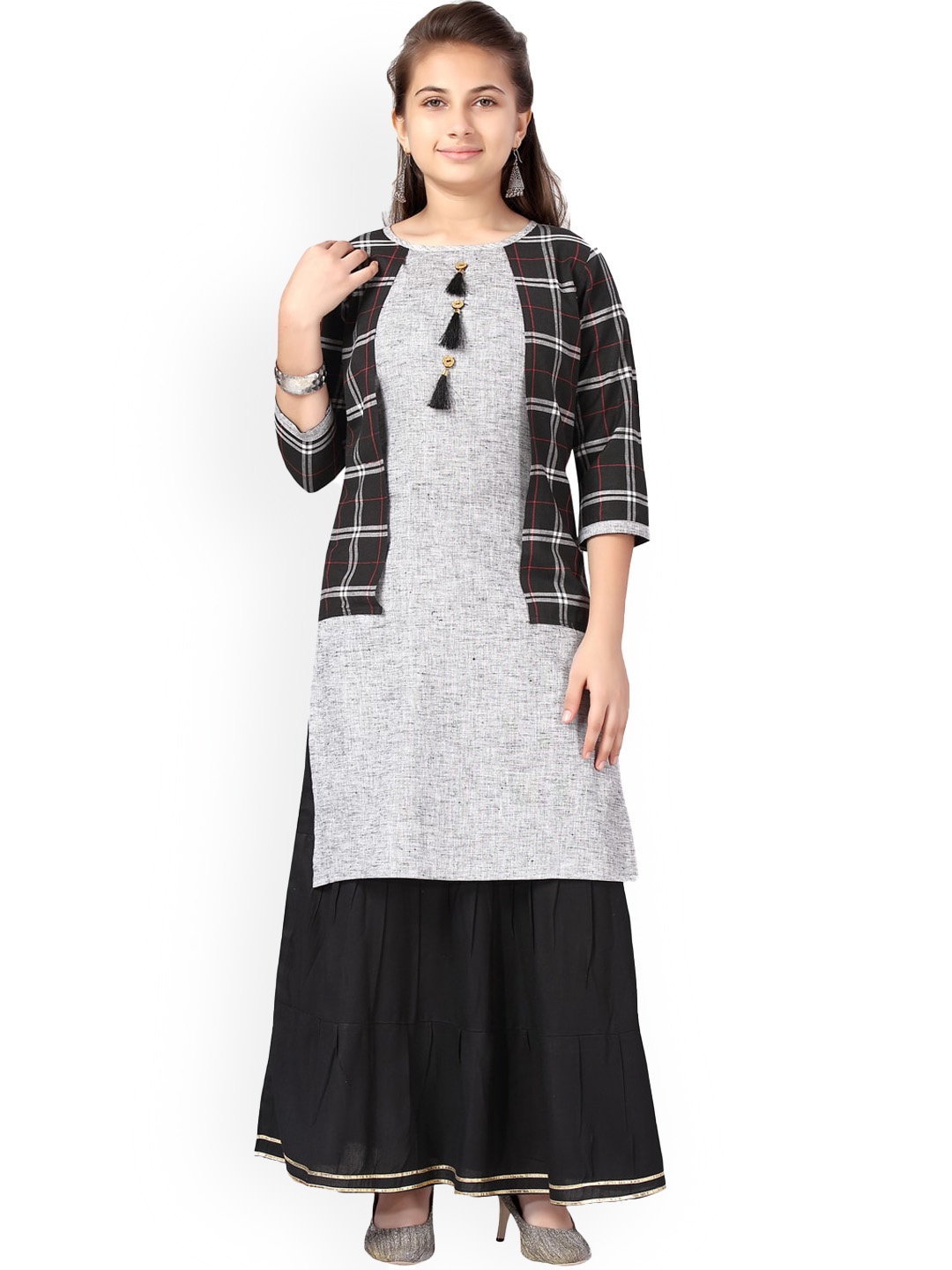 

BAESD Girls Checked Pure Cotton Kurta With Skirt, Black