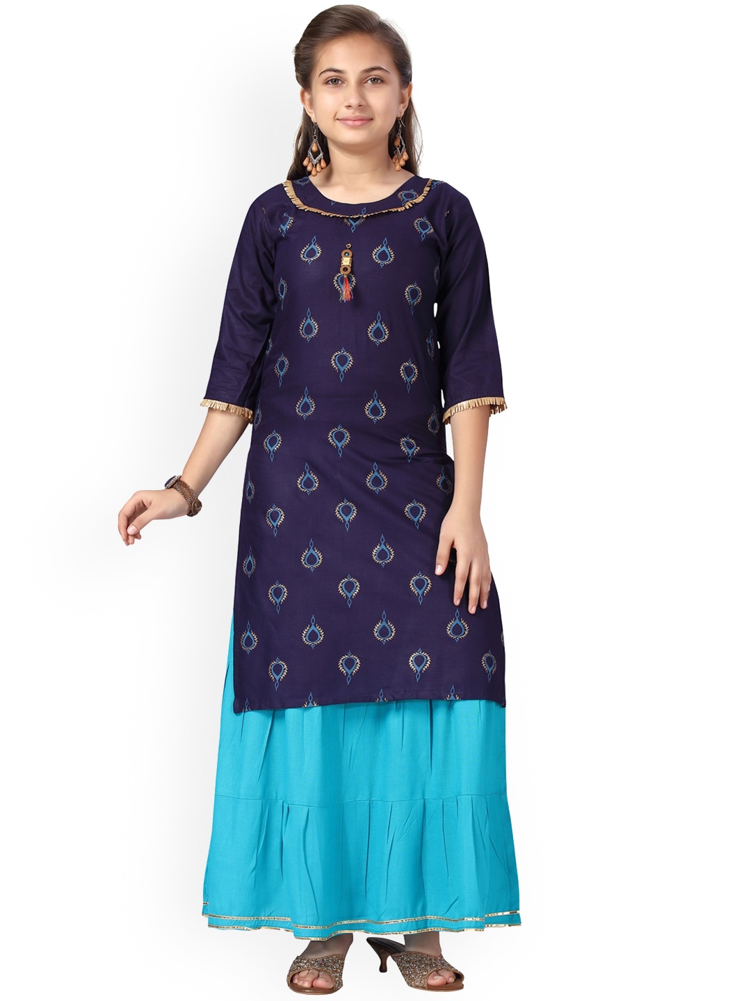 

BAESD Girls Ethnic Motifs Printed Pure Cotton Kurta With Skirt, Navy blue