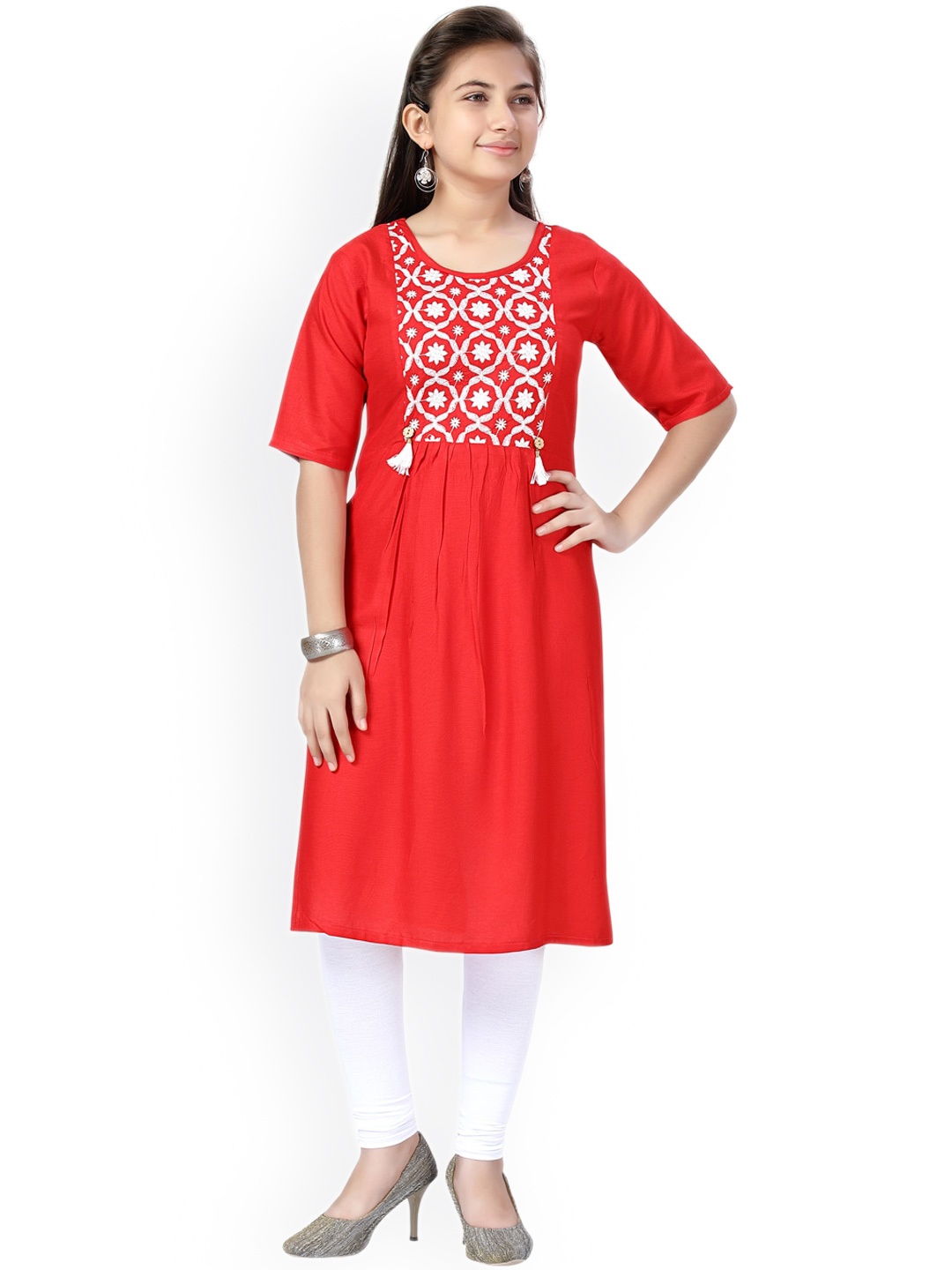 

BAESD Girls Ethnic Motifs Embroidered Pure Cotton Kurta With Leggings, Red