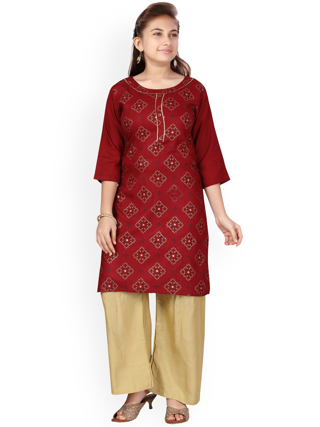 

BAESD Girls Ethnic Motifs Printed Regular Gotta Patti Pure Cotton Kurta With Palazzos, Maroon