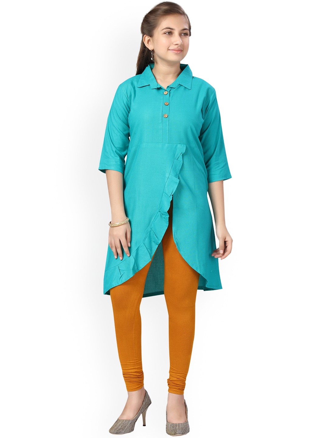 

BAESD Girls Shirt Collar A-Line Pure Cotton Kurta With Leggings, Turquoise blue