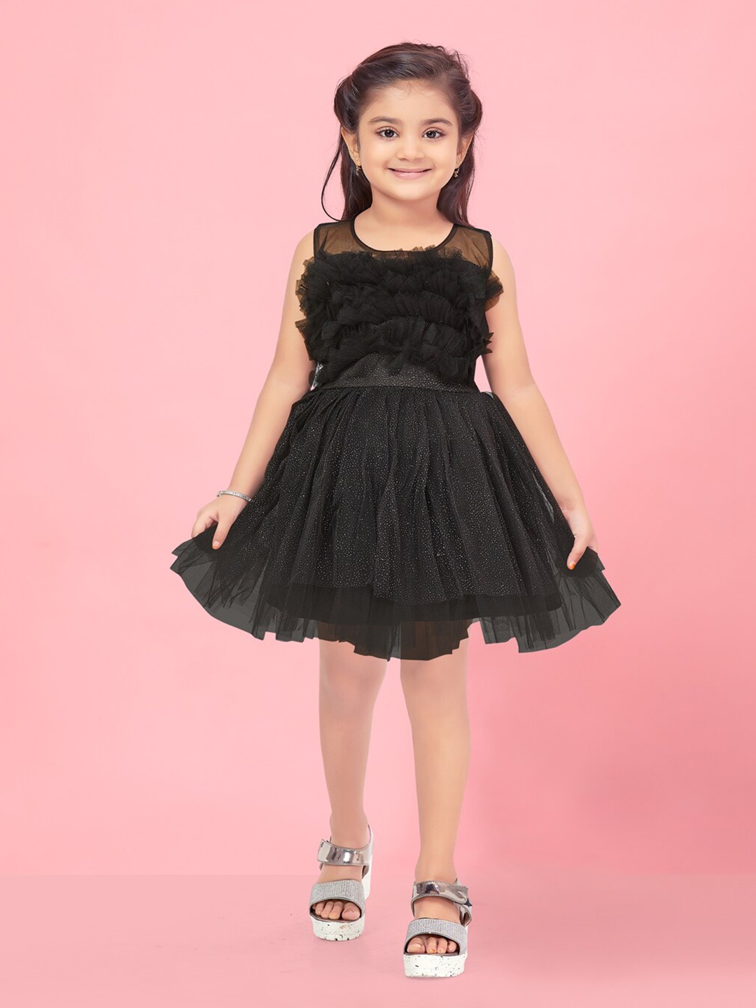 

BAESD Girls Self Design Ruffle Detailed Net Fit & Flare Dress, Black