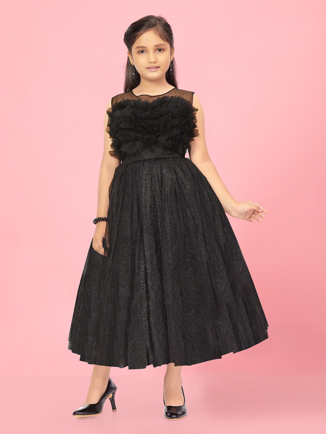 

BAESD Girls Self Design Ruffle Detailed Net Fit & Flare Midi Dress, Black