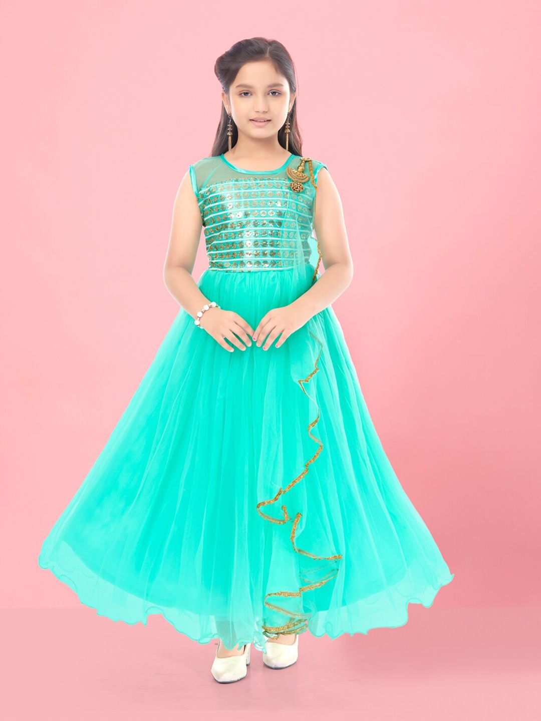 

BAESD Girls Floral Embellished Sequinned Net Fit & Flare Dress, Sea green