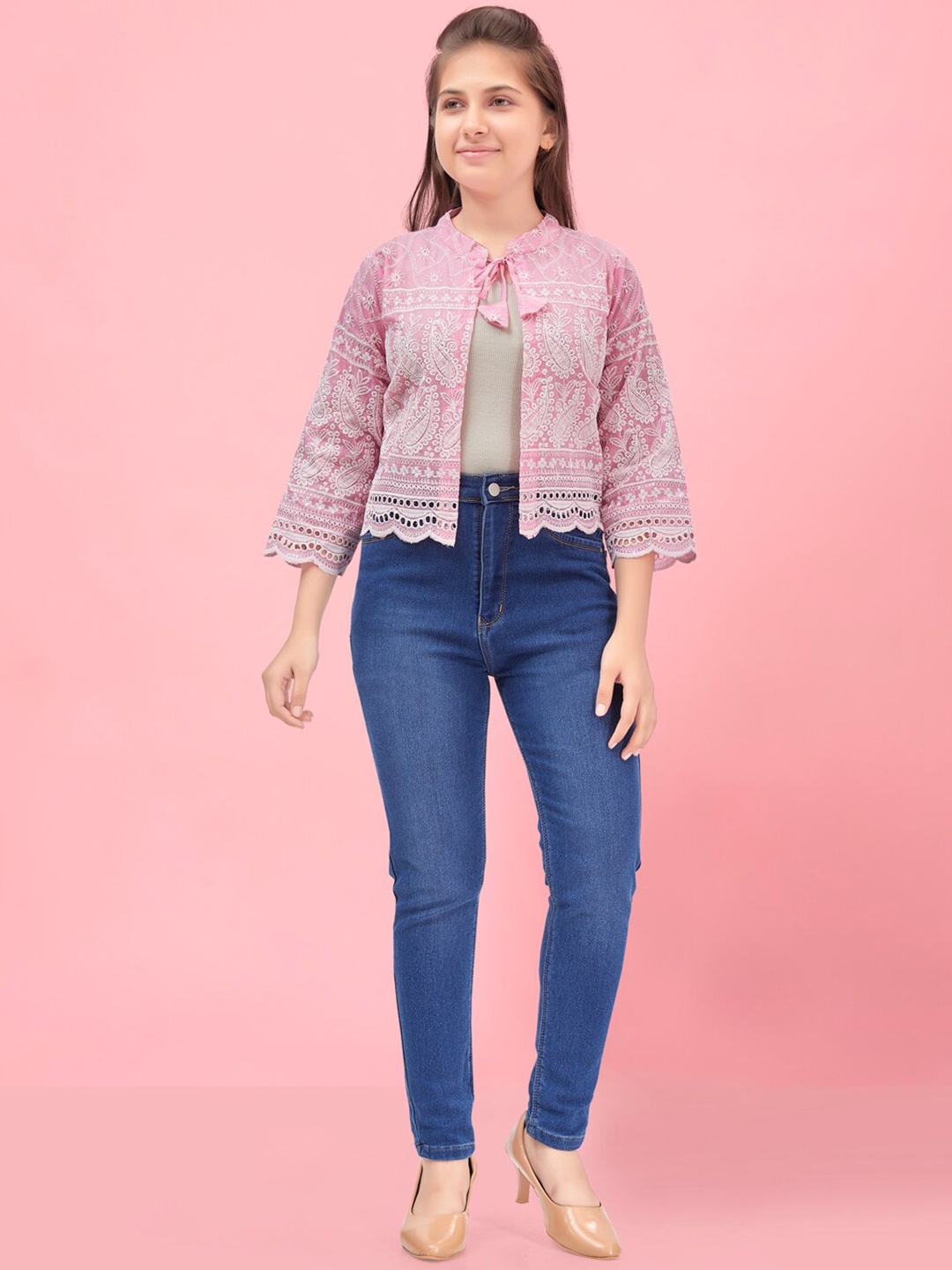 

BAESD Girls Lightweight Striped Embroidered Detailed Cotton Tailored Jacket, Pink
