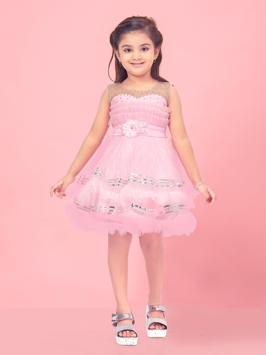

BAESD Girls Self Design Embellished Net Fit & Flare Dress, Pink