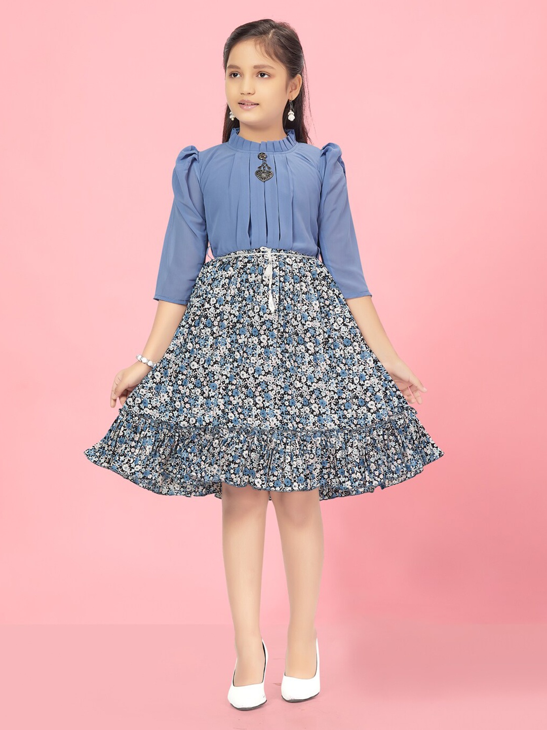 

BAESD Girls Floral Printed High Neck Gathered Tiered Georgette A-Line Dress, Blue