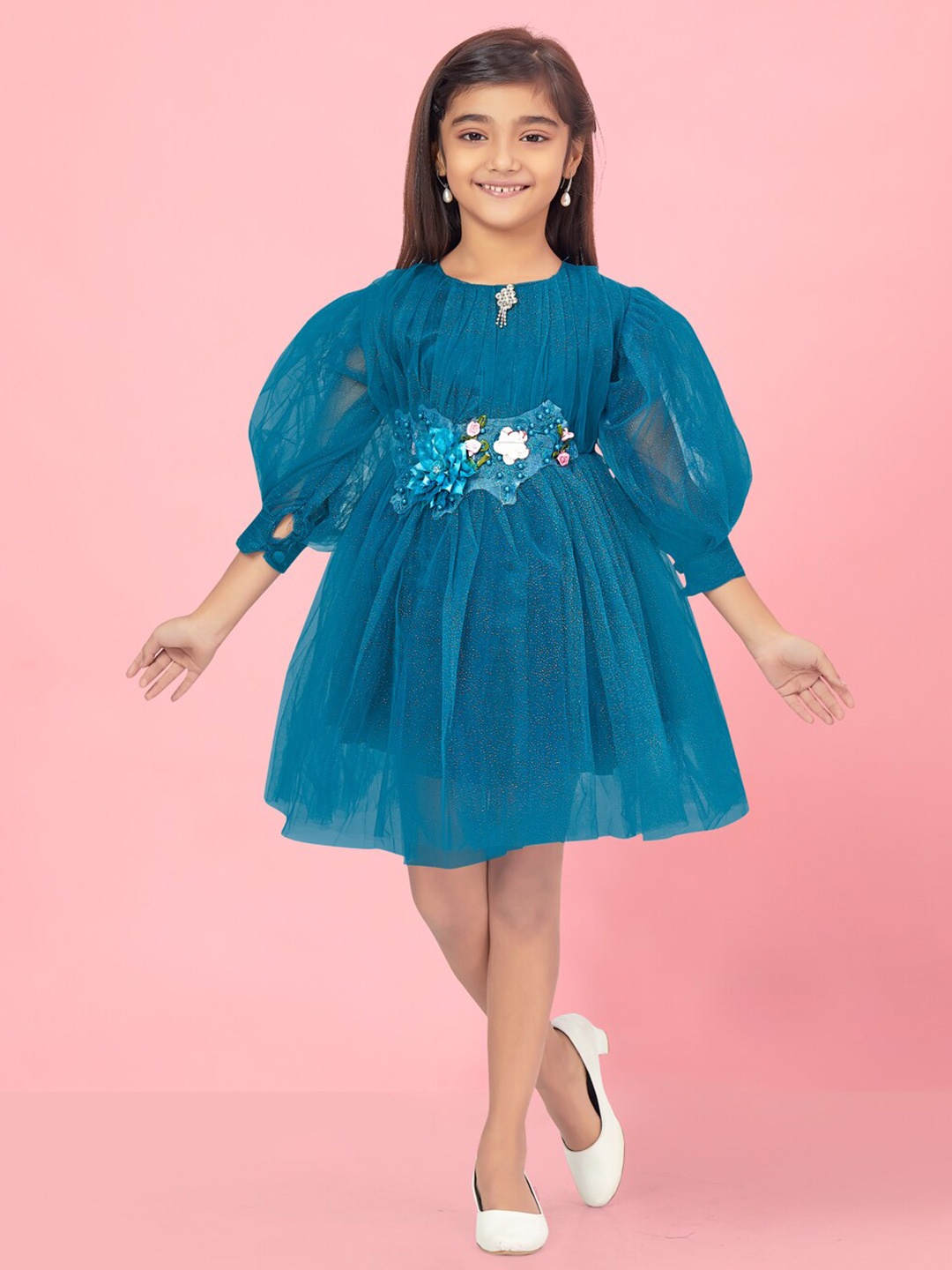 

BAESD Girls Embellished Puff Sleeve Gathered Fit & Flare Dress, Teal