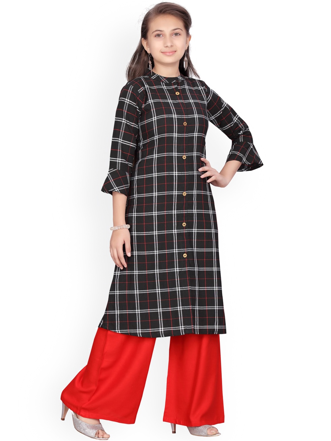 

BAESD Girls Checked Regular Pure Cotton Kurta with Palazzo, Black