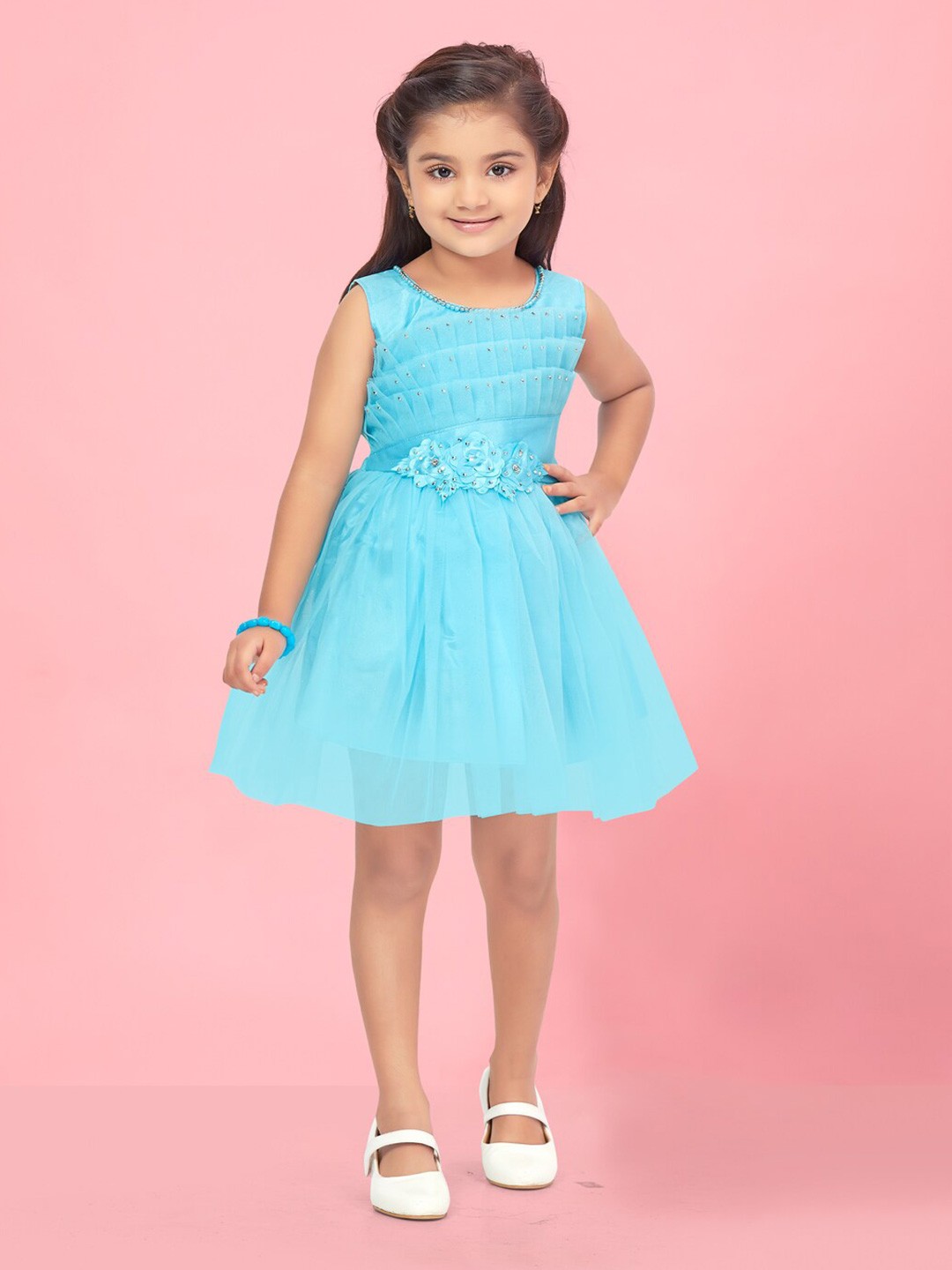 

BAESD Girls Embellished Round Neck Gathered Fit & Flare Dress, Turquoise blue