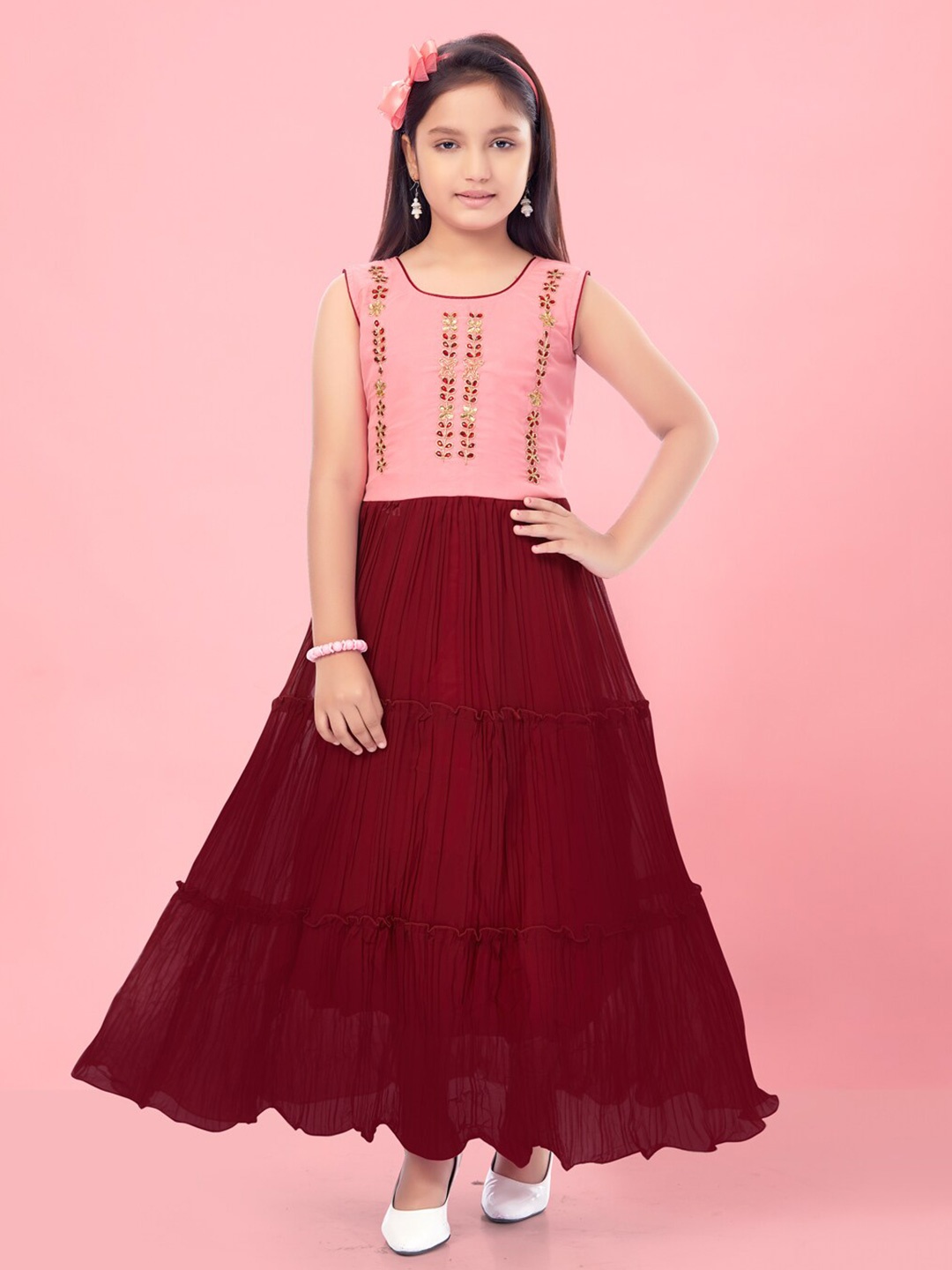 

BAESD Girls Round Neck Sleeveless Embellished Tiered Georgette Maxi Dress, Peach