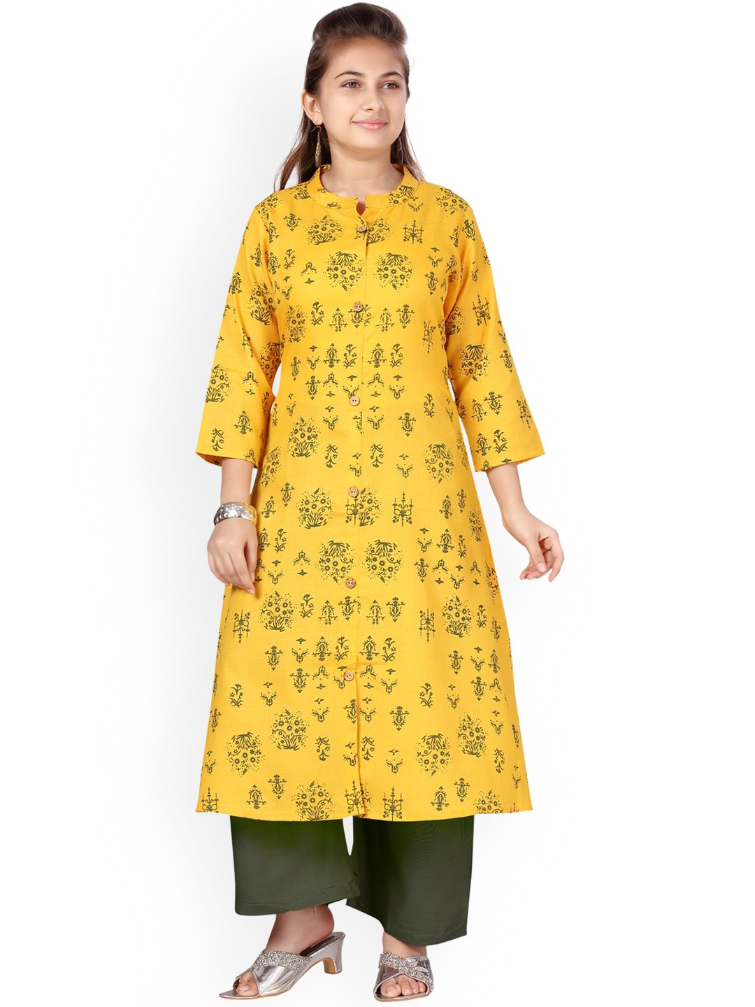 

BAESD Girls Ethnic Motifs Printed Regular Pure Cotton Kurta With Palazzos, Yellow