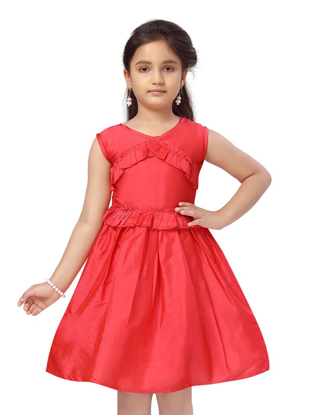 

BAESD Round Neck Ruffled Silk Fit & Flare Dress, Red